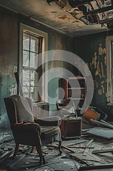 Desolate room with peeling paint, symbolizing abandonment and decay. Abandoned room, a stark symbol of economic and photo