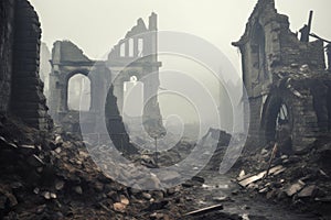 Desolate Ruined buildings fog. Generate Ai