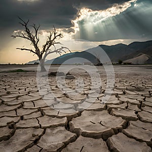 Desolate scene with cracked earth, lone tree, mountains, buildings, dark clouds, sunlight rays