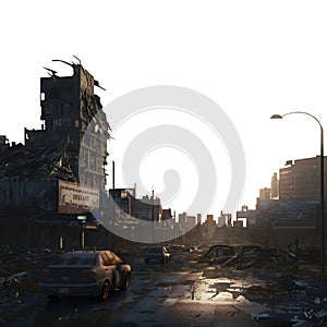 Desolate skyline ruins. City rubble and debris. Post war post apocalypse urban city. Sunset. Isolated PNG background.