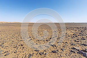 Desolate stone desert in front of the sand dunes of Erg Chebbi