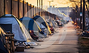 Desolate urban scene with a line of makeshift tents along a street embodying the harsh reality of homelessness and poverty in the