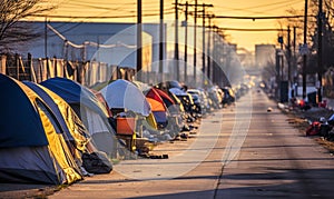 Desolate urban scene with a line of makeshift tents along a street embodying the harsh reality of homelessness and poverty in the