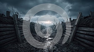 Generative AI Stark wartorn landscape with destroyed trenches under stormy dark sky and gloomy atmosphere business