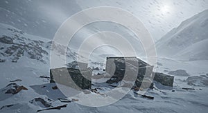 Desolate Winter Landscape with Mysterious Structures and Snowfall