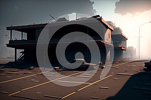 A desolated city landscape with destructed buildings and car.