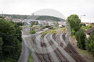 Desolated railway station and transshipment point. Railroad track is overgrown with grass