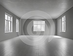 Desolating empty grey room interior with windows and grey walls