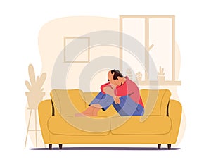 Despair, Frustration, Life Problems Concept. Young Depressed Upset Man Character Sitting on Couch Covering Face Crying