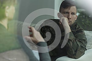 Despair soldier receiving psychological advice