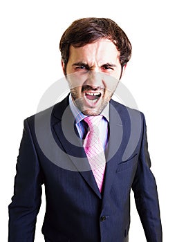 Desperate businessman screaming. Dissatisfaction.