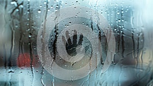 Desperate handprint on a cold, rain-drenched window conveying a silent plea in a domestic violence scenario. photo