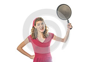 Desperate housewife threatening with a frying pan
