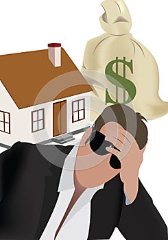 Desperate man with hand on forehead to buy house photo