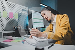 Desperate office worker overwhelmed with paperwork, stressed, Young businesswoman, office worker people working with stack of