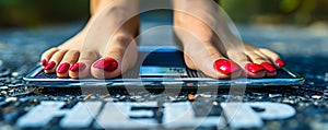 Desperate plea for help on weight scale display under feet with red nail polish, symbolizing weight management struggles and