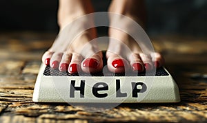 Desperate plea for help on weight scale display under feet with red nail polish, symbolizing weight management struggles and