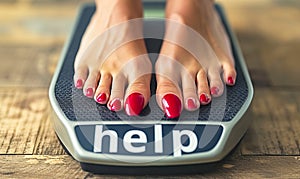 Desperate plea for help on weight scale display under feet with red nail polish, symbolizing weight management struggles and