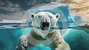 Desperate Polar Bear Swimming in Front of an Iceberg - Generative Ai