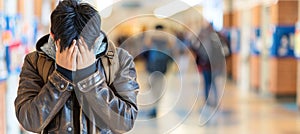 Desperate teenage boy with learning difficulties crying in school corridor, blurred background