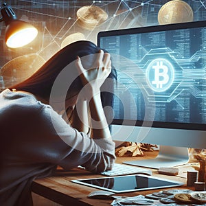 Desperate woman holding head in front of computer monitor. Trading bitcoin cryptocurrency losses