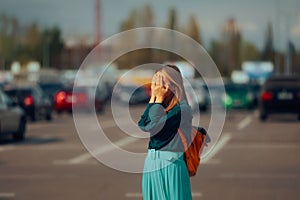 Desperate Woman Not Finding her Car in the Public Parking Lot