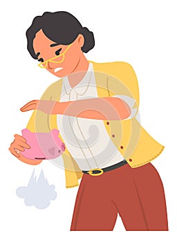 Desperate woman shaking empty piggy bank vector illustration