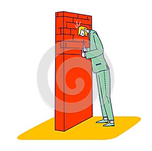 Desperation Hopeless Concept. Businessman Character Stand at High Wall Hit with Head trying to Move it. Problem Overcome