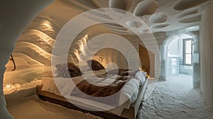 Despite the chilly surroundings a warm and comfortable dreamland awaits within the alluring ice hotel room. 2d flat