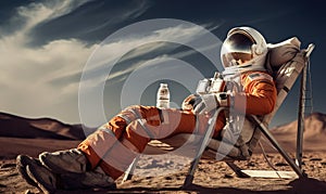 Despite the desolation, the astronaut enjoys a peaceful moment on Mars, reclining in a beach chair