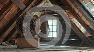 Despite its age and neglect the attic fan still holds a sense of usefulness and purpose in the dusty forgotten space photo