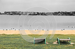 Despondency autumn concept. Empty beach by the water with empty sun loungers. Only ducks