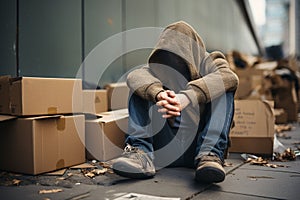 A despondent man conceals his face while sitting on a cardboard, expressing hopelessness