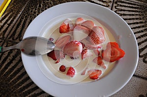 Desseert strawbery with cream milk in Copenhagen Denmark