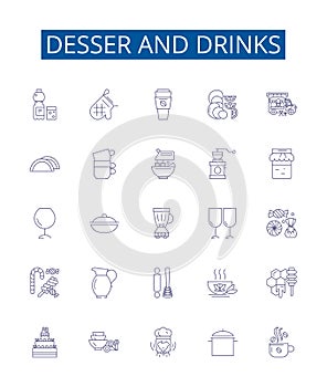 Desser and drinks line icons signs set. Design collection of Dessert, Drinks, Cocktail, Sherbet, Cake, Frappe, Smoothie