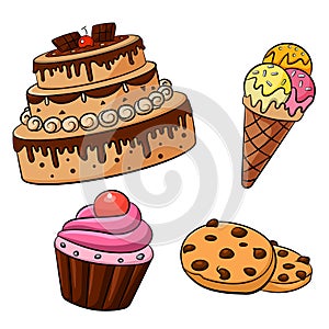 Dessert assortment of a cake, cookie, ice cream, cupcake