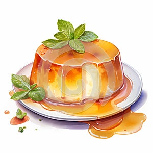 Flan Watercolor Clipart: Pudding, Sauce, And Dribbler With Mint Leaves photo