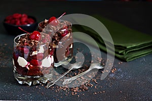 Dessert black forest in a glass. Chocolate dessert with creamy cream, cherry and chocolate on a concrete background. The