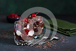 Dessert black forest in a glass. Chocolate dessert with creamy cream, cherry and chocolate on a concrete background.