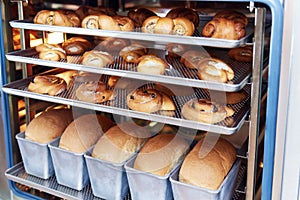 Dessert bread baking in Combi steamer. Production oven at the bakery. Baking bread. Manufacture of bread. photo