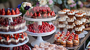 dessert buffet display, at weddings or fancy events, decadent desserts elegantly arranged on tiered stands make for a