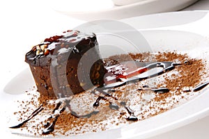 Dessert cake with chocolate and jam