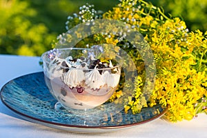 Dessert cake in a glass with cream in nature.