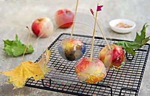 Dessert, caramelized candy apples in transparent caramel, sprinkled with sugar decor, on a black grate on a gray concrete