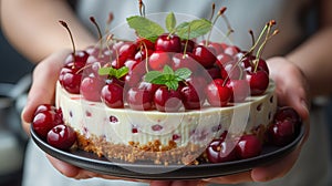 dessert cherry cheesecake plate in hands