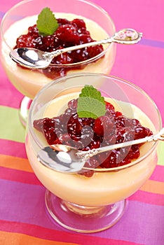 Dessert with cherry confiture