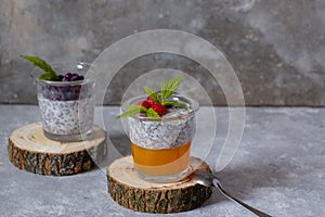 Dessert with chia seeds and berries in glass glasses on wooden cuts on a gray background. Superfoods and healthy