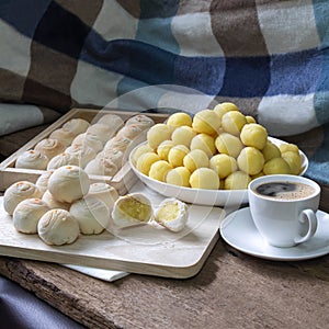 Dessert Chinese pastry for Chinese new year or mooncake. The dough for homemade pastry making, it is snacks with coffee on wooden