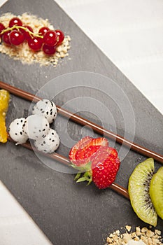 Dessert of chocolate and fruit