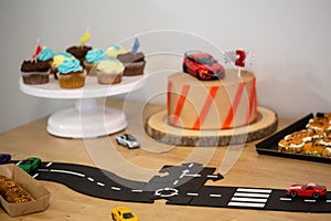 Dessert, chocolate and sweeet cake food with toy cars